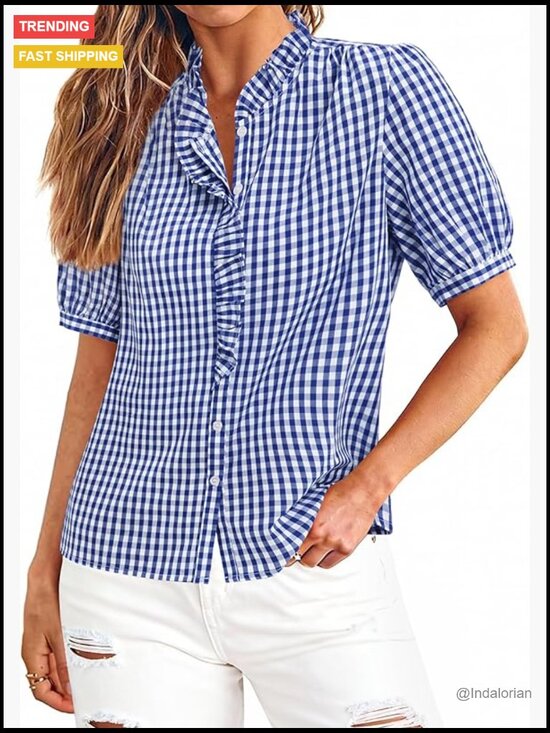 Tops - Cotton Plaid Gingham Short Sleeve Button Down Ruffle V Neck Blouse Shirt